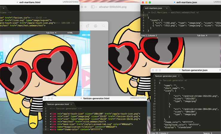 Two Powerpuff Girls avatars of the author, overlapped by little code snippets