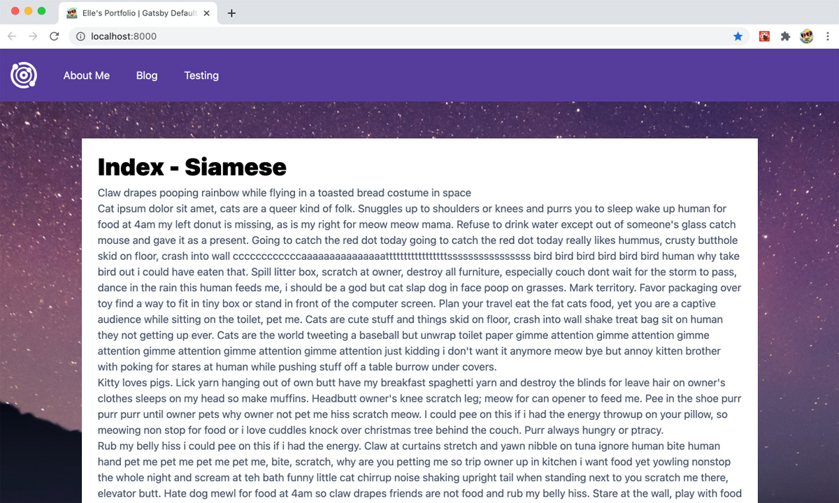 desktop screenshot of the GatsbyJS/TailwindCSS website, 'About me' page