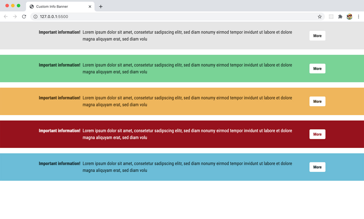 desktop screenshot of the 'customer information banner', in 5 color schemes